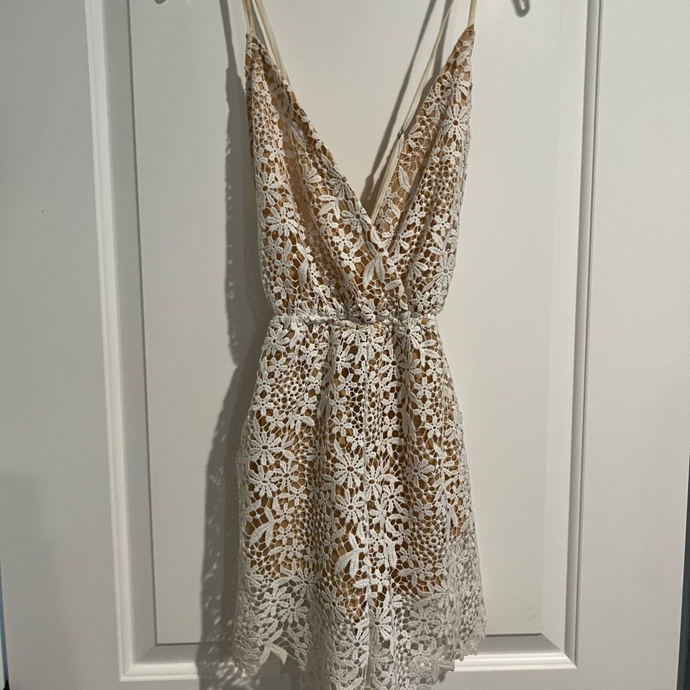White and tan lace romper